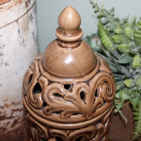 NEW Ornate 15" French Country Cottage Ceramic Filigree Urn Pedestal Jar - Picture 4 of 5